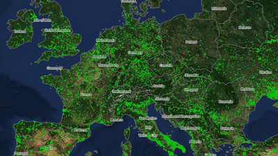 Zu sehen ist eine Satellitenkarte von Europa mit Waldbränden im Juli 2026